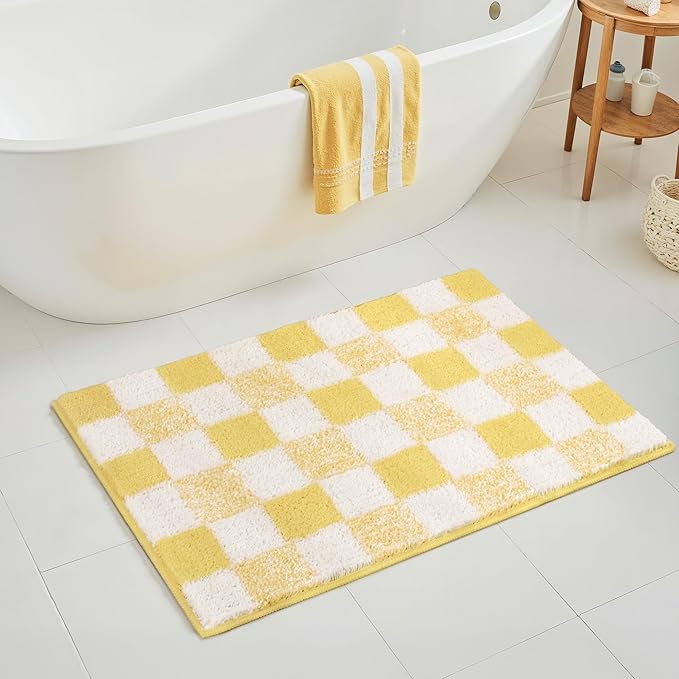 GRANNY SAYS Checkered Yellow Bathroom Rugs, 36" x 24", Non-Slip Bath Mats for Bathroom, Plush Shag Absorbent Microfiber Ultra Soft Bath Mat, Cute Washable Rug for Tub, Shower, Bedroom