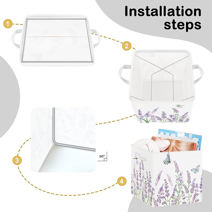 11.8" Wild Flower Storage Cube Organizer Set 3Pcs Clothes Storage Basket Bin for Closet Shelf Garden Butterfly Nursery Kid Room Book Toy Chest, Lavender