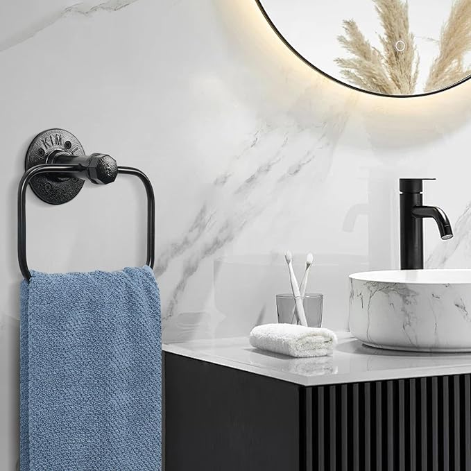 4-Pieces Industrial Pipe Bathroom Towel Ring Kit DIY Wall Mount Accessories Kit Includes Robe Hook Towel Bar and Towel Ring (24 inch)