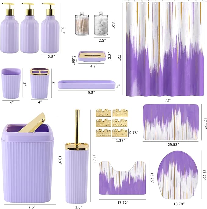32PCS Bathroom Sets with Shower Curtain and Rugs-Purple Bathroom Accessories,Non Slip Bathroom Rugs Set with Toilet Lid Cover, Waterproof Shower Curtain, 3PC Soap Dispenser with Trash Can