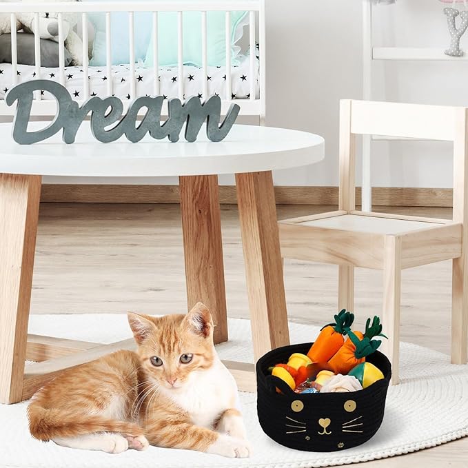 Zopeal Cat Basket Storage Woven Organizer with Ears Christmas Decorative Pet Toy Cute Cotton Rope Basket for Gift Cat Dog Toy Bin Nursery Room(8.3 x 4.7 Inch,Black)