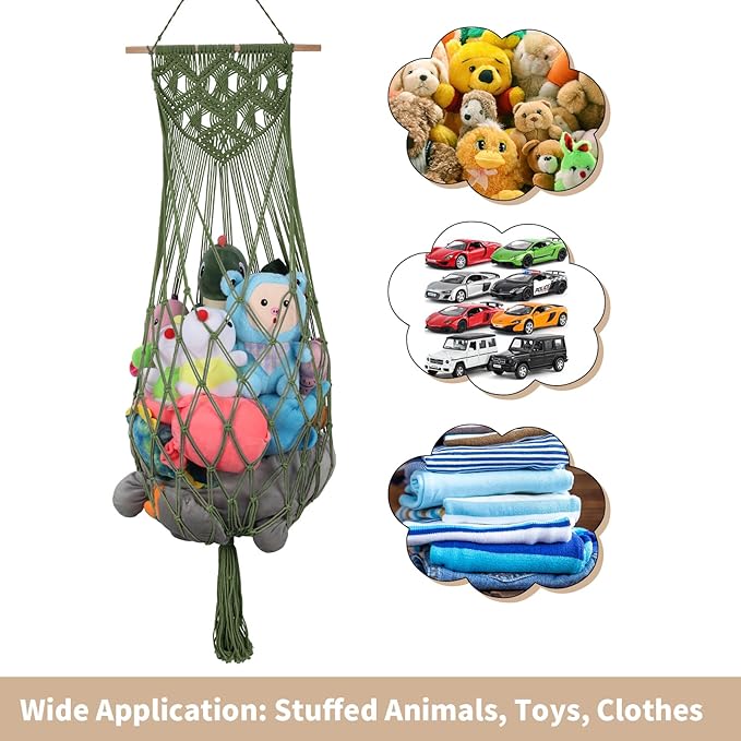 Stuffed Animal Storage, 63'' Jumbo Stuffed Animal Hammock Corner Wall Ceiling Over Door Hanging Toy Hammock Organizer, Avocado Green Toy Net w/ Boho Tassels Star Light for Nursery Boys Girls