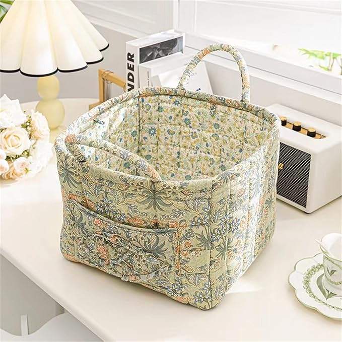 Boho Fabric Storage Basket, Large Capacity Laundry Basket, 12.2'' x 10.23'' x 10.23'' Collapsible Laundry Hamper with Easy Carry Handles (Light Green, L)