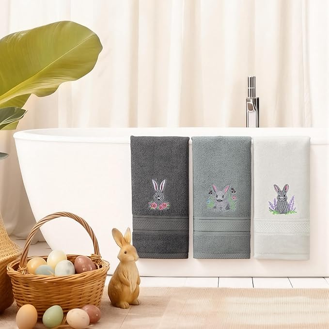 3 Pack Easter Bunny Hand Towels Farmhouse Gray Bathroom Decor 13.4 x 29.2 Inch 100% Cotton Embroidered Spring Decorative Towels Absorbent Soft for Hand Drying Cleaning Gift