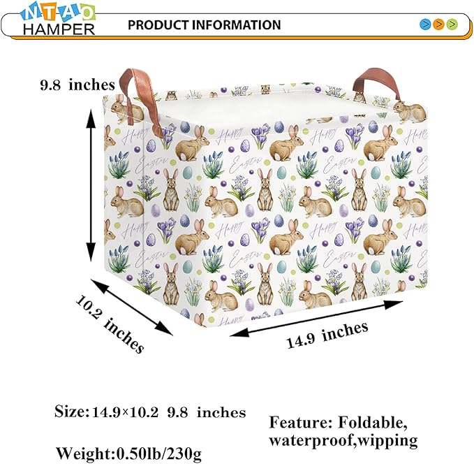 Rectangular Easter Eggs Basket Empty,Toys Storage Bin with Handles,Baby Room Decor,Gift Basket(Watercolor Eggs)