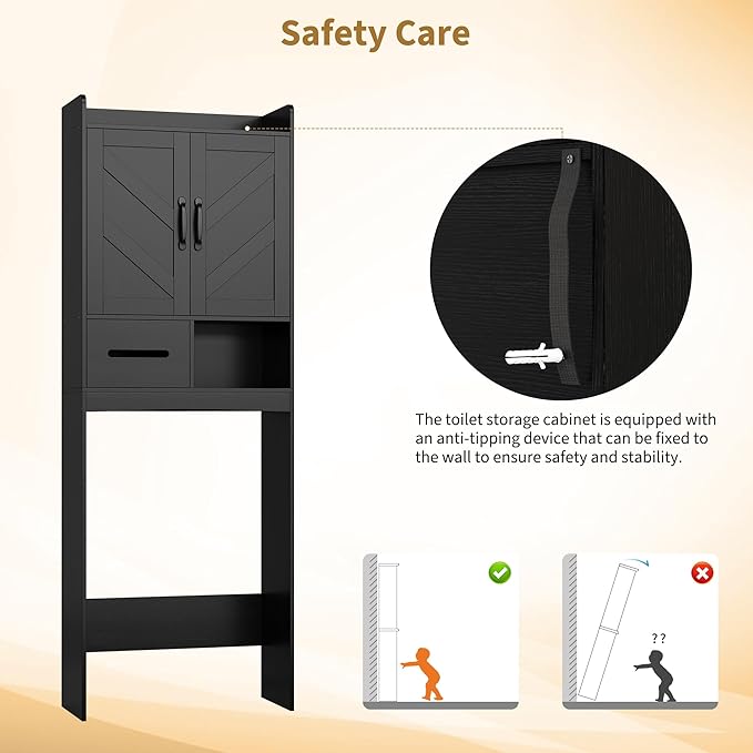 IDEALHOUSE Over The Toilet Storage Cabinet,Bathroom Organizers and Storage with Anti-Tip Device and Adjustable Shelf for Bathroom,Restroom,Laundry,Black