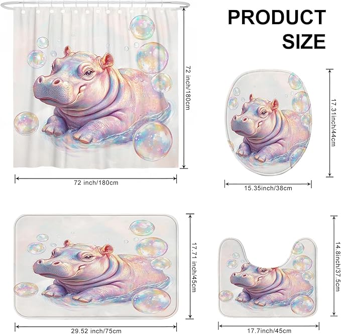 4PCS Funny Cute Hippos Bathroom Accessory Sets with Non-Slip Rug, U Shape and Toilet Lid Cover Mat, Bubble Sea Ocean Underwater Bathroom Fabric Decor-72''x72''