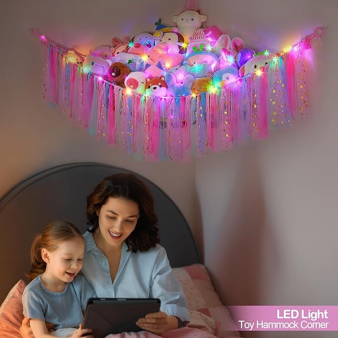 FIOBEE Stuffed Animals Net or Hammock with LED Light, Toy Hammock Hanging Stuffed Animals Storage Organizer Holder Room Décor for Nursery Kids Bedroom