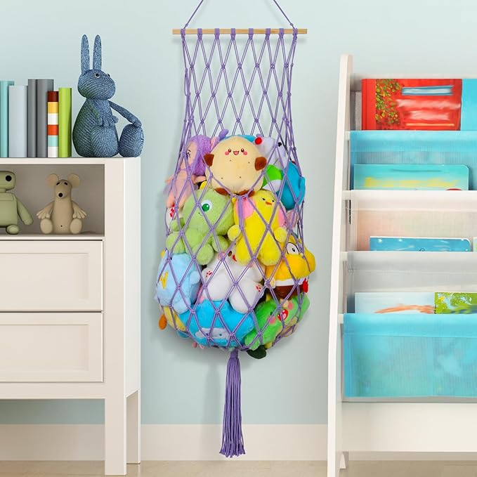 Stuffed Animal Storage Net, 68 Inch Jumbo Macrame Vertical Stuffed Animals Hammock Corner, Wall Ceiling Hanging Stuffy Hammock Plushie Holder Display for Kid Boy Girl Gift Boho Nursery Decor (Purple)