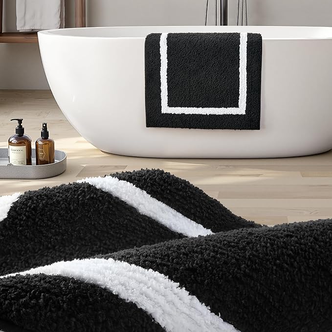 HOMEIDEAS Black and White Bathroom Rugs Sets 2 Piece, Super Soft and Absorbent Microfiber Tufted Bath Mats, Non-Slip and Machine Washable Bath Rugs