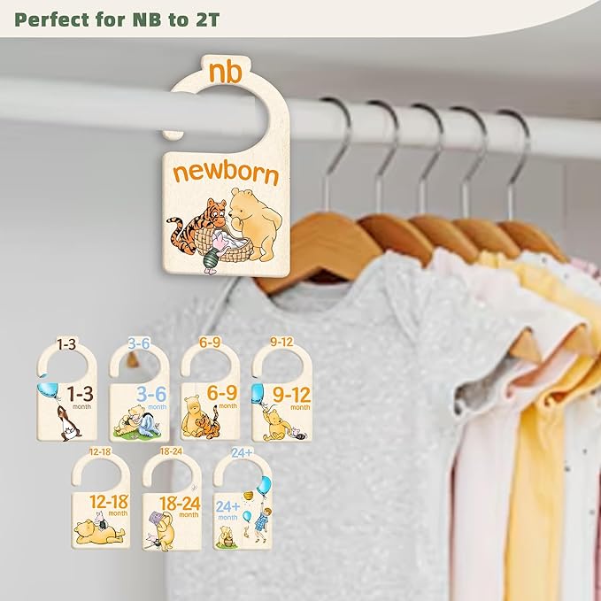 JMOST Pooh Bear Baby Closet Dividers for Nursery Closet Organizer, Newborn to 24 Months Size Clothes, Bear Hangers with Size Dividers, Double Sided
