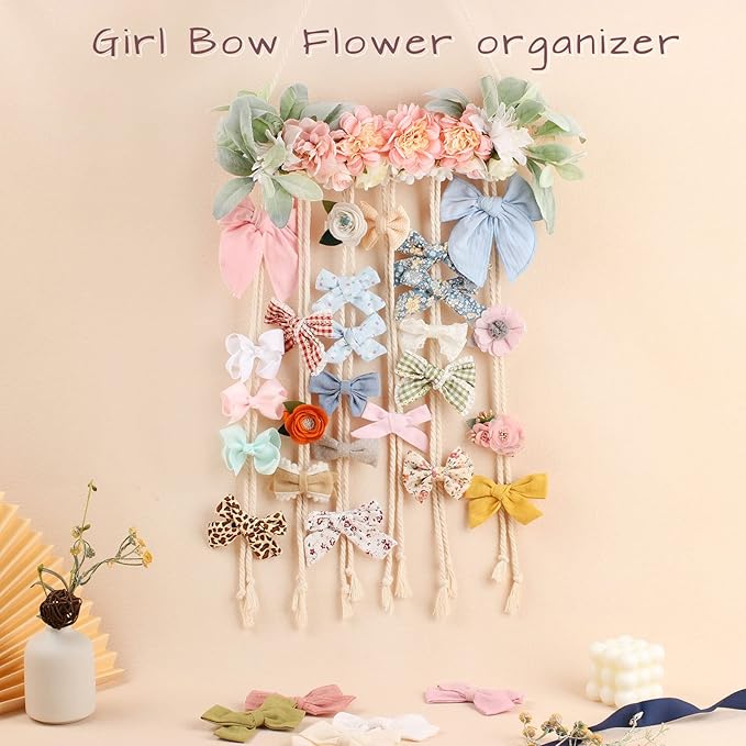 POVETIRE Bow Holder for Girls Hair Bows, Clips Hanging Organizer Baby Headband Storage Hair Accessory Display for Wall Room Baby Nursery Decors (Flower)