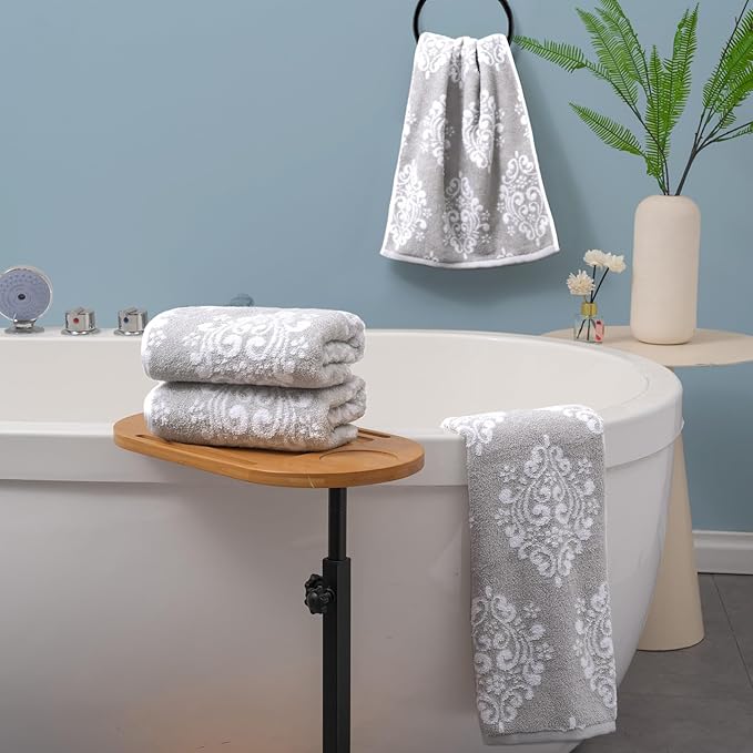Hand Towels for Bathroom, 4PC 16"x27" - 100% Cotton | Quick Dry | Absorb | Lightweight, Decorative Hand Towels for Showering, Gray Damask Pattern Towel, Bathroom Essentials, Grey and White