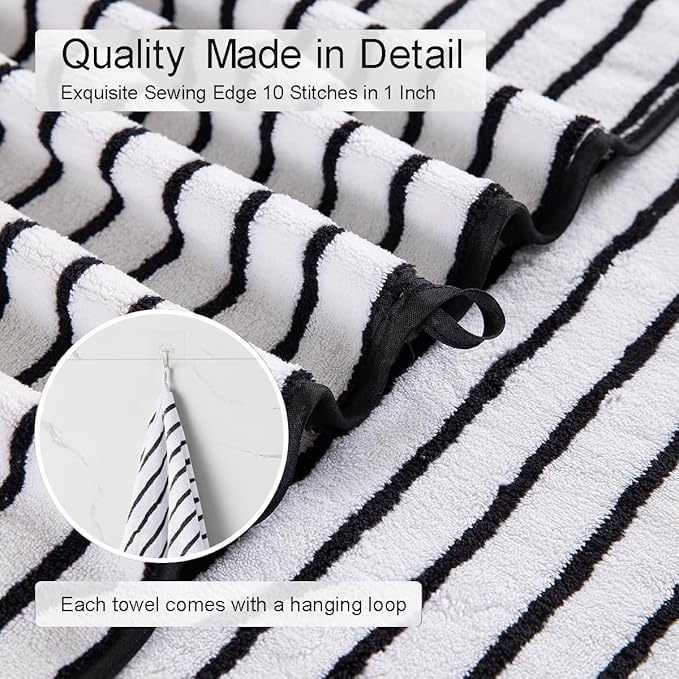 2 Piece Black White Cabana Stripe Hand Towels for Bathroom 16"x31" Ultra Soft Breathable Hand Face Towels Highly Absorbent 600GSM Towels Quick Dry Beach Chair Towel for Spa Gym Hotel Travel Camp