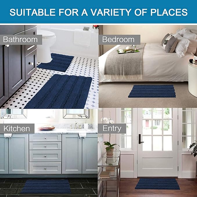 H.VERSAILTEX 3 Piece Bathroom Rugs Sets Thick Striped Bath Rugs Set for Bathroom Non Slip Soft Absorbent Bath Mat Set for Tub, Shower and Toilet(17''x24''+20''x32''+20''x24'' U-Shaped, Navy)