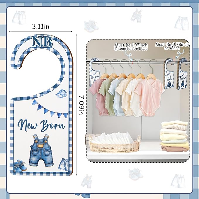 Baby Closet Dividers 8PCS, Denim Themed Wooden Double-Sided Clothes Size Hanger/Organizer from Newborn to Toddler, Blue Jean Nursery Decor Baby Shower Birthday Gender Reveal Party Gift
