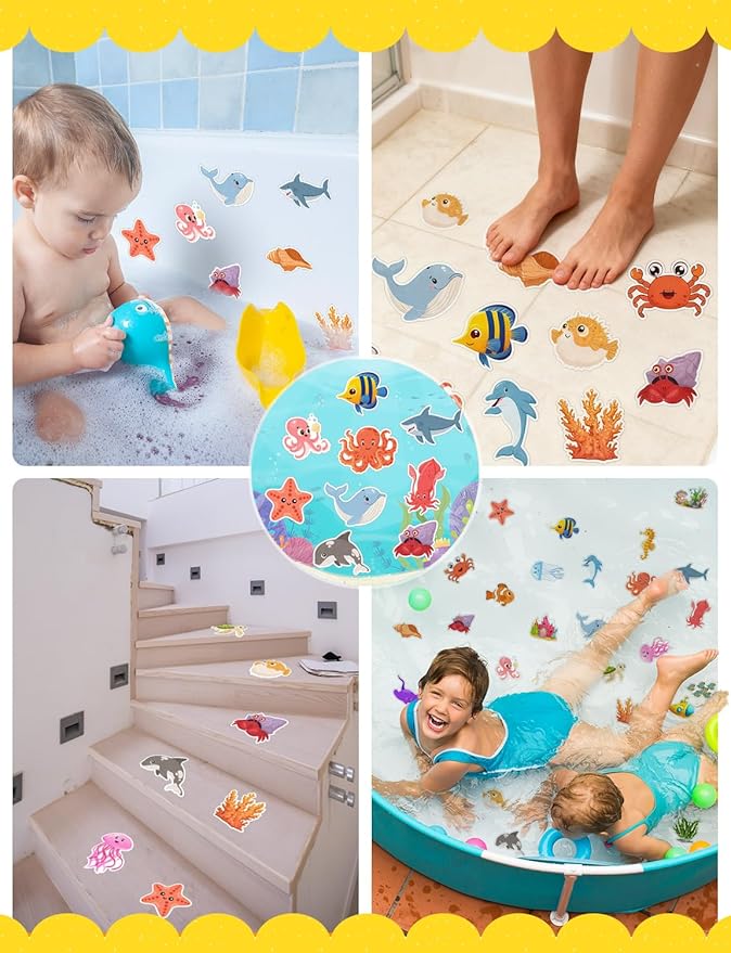 26Pcs Non Slip Bathtub Stickers, Cute Ocean Creature Stickers with Scraper, Anti Slip Bath Tub Shower Decal with Adhesive Back for Bathroom, Shower Stairs