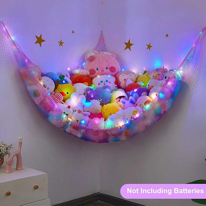 Unicorn Castle Stuffed Animals Net or Hammock Kids Toy Storage Organizer with LED Light Hanging Corner Stuffed Animals Holder Kids Girls Room Decor,Blue-Purple,XLarge (Pack of 1)