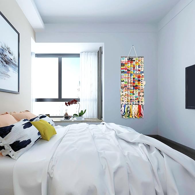 PACMAXI Baby Girl Hair Bows Holder, Hair Clips Storage Hanger For Ribbons, Hair Bows Organizer, Baby Hair Clip Storage Display Sturdy Stand, Wall Hanging for Girl Room (Grey, Large)