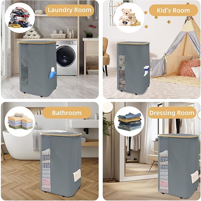 Rolling Laundry Hamper with Lid & Wheels, 110L Slim Double Grey Laundry Hamper 2 Section, Narrow Large Laundrys Hampers with Removable Bags&Breathable Mesh, Dirty Clothes Hampers for Bedroom