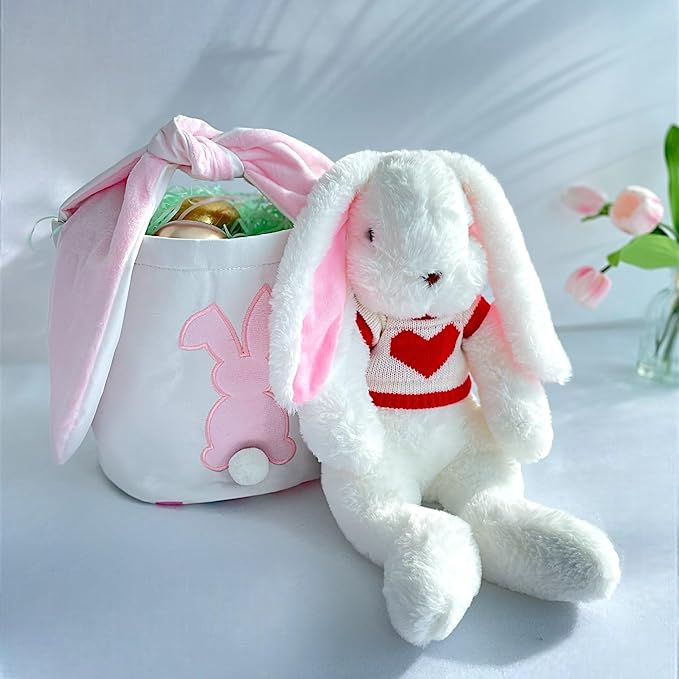 Easter Bunny Basket Bags, Rabbit Bucket Tote for Easter Egg Hunts Decorations Candy Gifts Storage (Pink, Blue, Polka Dots) (Pink)
