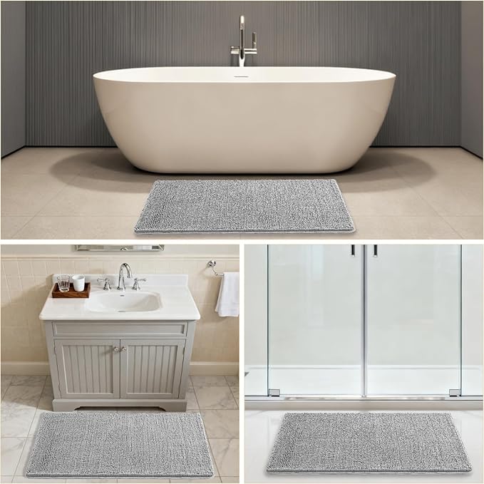 Gray Bathroom Rugs 26"x44" - Thick Plush Chenille Non-Slip Bath Mat - Absorbent, Washable, Soft Decor for Sink, Shower, Tub, Kitchen, Vanity, Home Accessories
