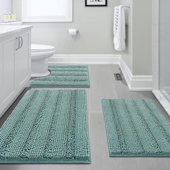 H.VERSAILTEX 3 Piece Bathroom Rugs Sets Thick Striped Bath Rugs Set for Bathroom Non Slip Soft Absorbent Bath Mat Set for Tub, Shower and Toilet(17''x24''+20''x32''+20''x24'' U-Shaped, Eggshell Blue)