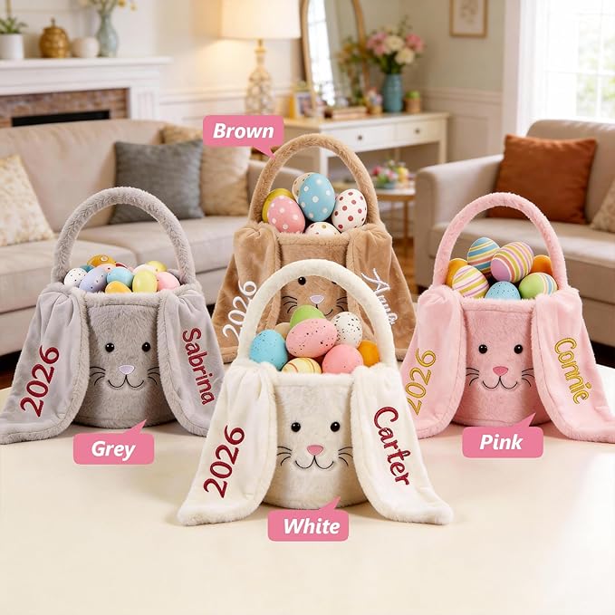 Personalized Easter Baskets for Kids Egg Basket Gingham Bunny Ear Bucket Candy with Handle Tote Bucket Reusable Goody Baskets for Kids Gifts Bags