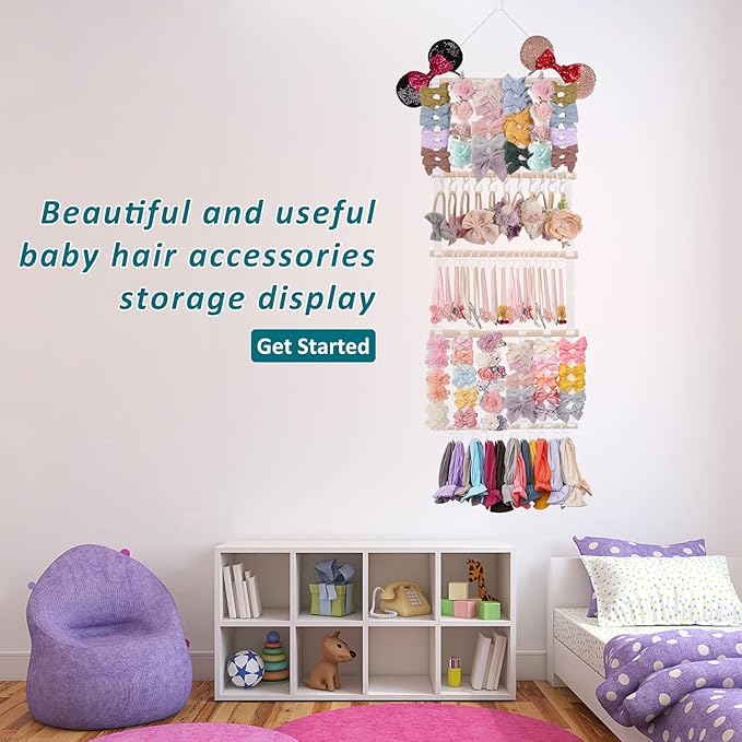 48" X 15" Headband Holder, Baby Headband Organizer w/16Pcs Cotton Ribbons, 40Pcs S Hooks, 1Pc Non-Trace Hook & 1Pc Cotton Rope, Bow Holder for Girls Hair Bows for Wall, Door or Closet