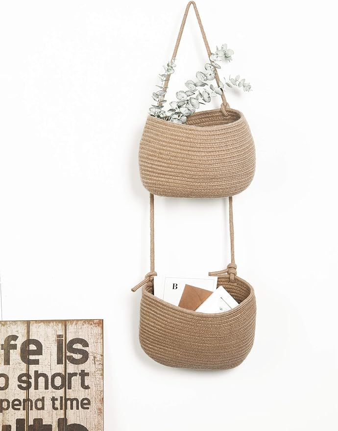 Over The Door Hanging Basket, 2 Tier Cotton Rope Woven Wall Basket, Magazine Racks Hanging Organizer, Decorative Hanging Storage Baskets for Organizing Living Room, Bathroom and Bedroom (Jute)