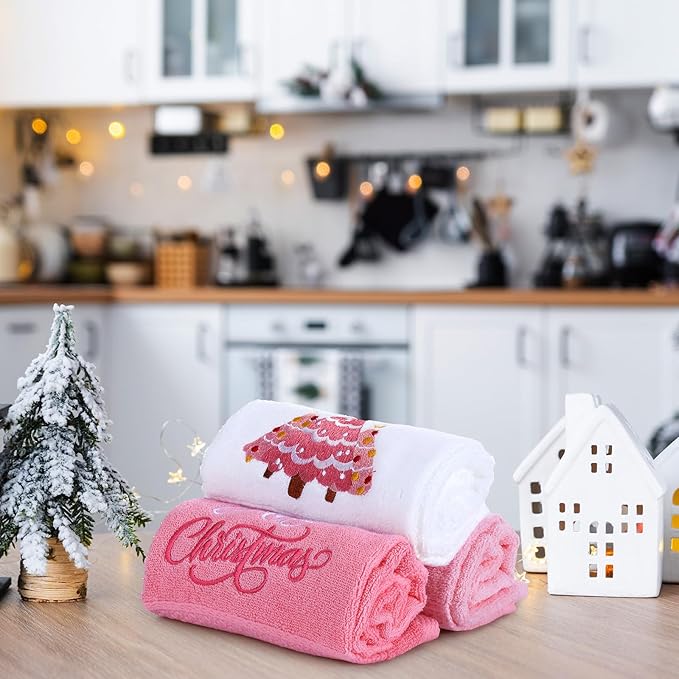 3 Pcs Pink Christmas Hand Towels for Bathroom Merry Christmas Xmas Tree Embroidered Cotton Bathroom Towels Decorative for Kitchen Dish Fast Drying Decor, 13.78 x 29.53 Inch