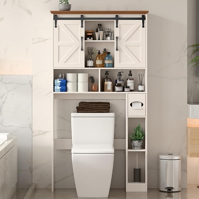 Over The Toilet Storage Cabinet,Farmhouse Space-Saving Toilet Rack With 2 Sliding Barn Doors,Bathroom Organizer with Toilet Paper Holder Stand & Storage Shelves,for Laundry, Restroom, Bathroom