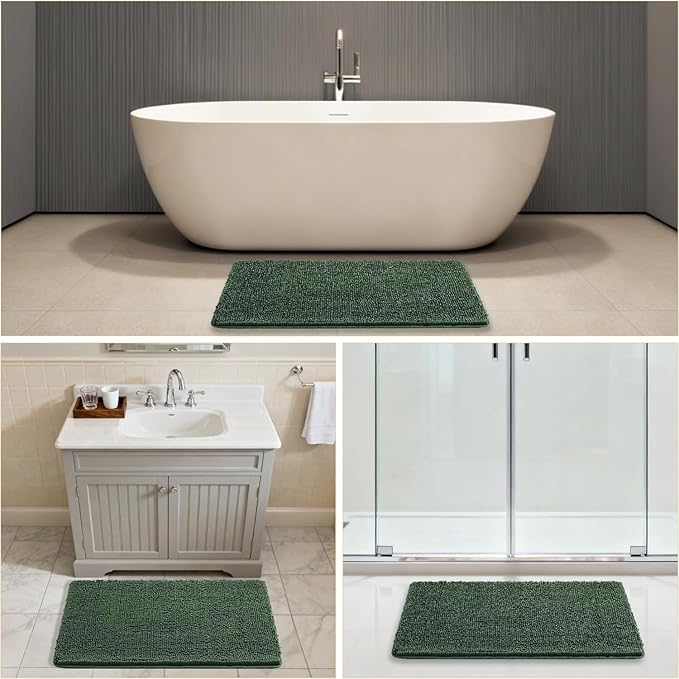 Hunter Green Bathroom Rugs 24"x36" - Plush Chenille Non-Slip Bath Mat - Absorbent, Washable, Soft and Thick Decor for Shower, Sink, Tub, Home Accessories