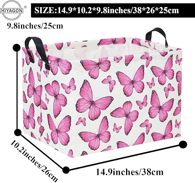 HIYAGON Rectangular Butterfly Pink Kids Storage Basket - Baby Girl Basket Toy Storage Bin Organizer Box Rainbow Room Decor