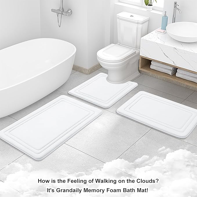 Grandaily Memory Foam Bath Mat Rug 30x20, Ultra Soft, Non-Slip and Absorbent Bathroom Rugs, Machine Wash Dry, Comfortable Bath Carpet for Bathroom Floor, Tub and Shower, White