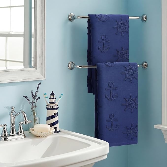 2 Pcs Coastal Hand Towels for Bathroom 100% Cotton Nautical Anchor Wheel Navy Blue Jacquard Weave Towels Absorbent Soft Dish Washcloth for Bathroom Kitchen Summer Theme Gifts, 29.5 x 13.8 Inch