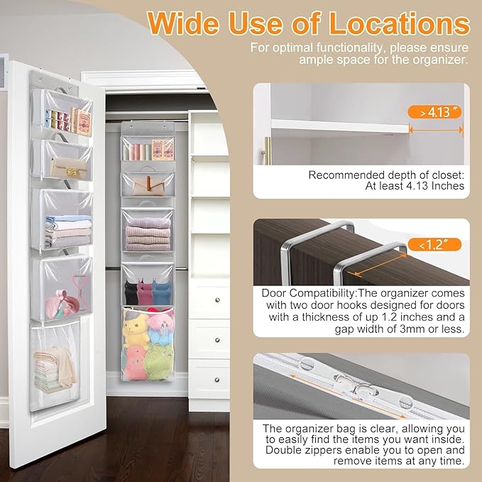 Hanging Toy Storage over Door, Block Stuffed Animal Organizer Idea with 4 Removable Case Bag, Bi-Fold Closet Holder with Mesh Pocket for Kid Boy Girl