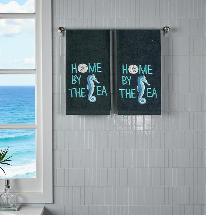 Home by The Sea Embroidered Seahorse Guest Hand Bath Towels, 2 Piece Set, 100% Cotton, Dark Gray