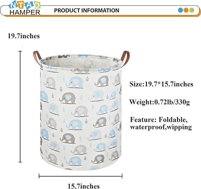 Laundry Hamper, Elephant laundry Basket, Nursery Hamper, Waterproof Storage Bin for Bedroom, Clothes Organizer Basket, Room Decor(Blue Elephant)