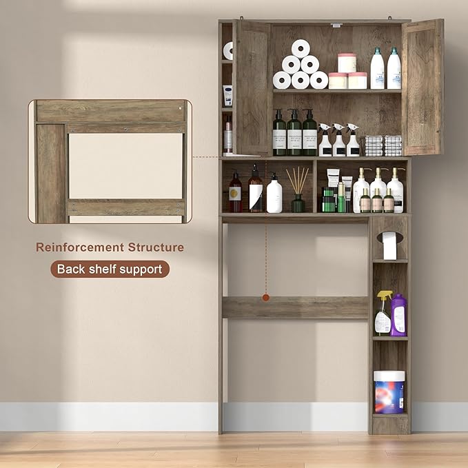 Winkalon Over The Toilet Storage Cabinet with 2 Barn Doors and Adjustable Shelves, Freestanding Toilet Shelf Organizer with Toilet Paper Holder, Space Saver for Bathroom, Restroom, Laundry (Wood)