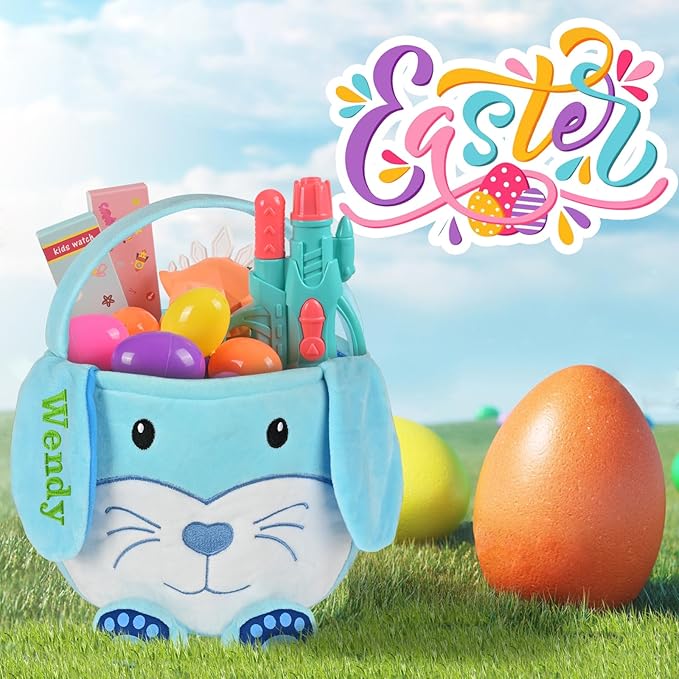 Personalized Easter Basket, PEMIRSAYO Easter Baskets for Kids Easter Bunny Baskets Custom Easter Basket Personalized Easter Gifts Toddler Easter Baskets Empty - Blue
