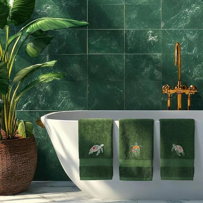 3 Pack Hibiscus Sea Turtle Beach Hand Towels for Bathroom 100% Cotton Embroidered Coastal Bathroom Towels 13.78 x 29.53'' Soft Absorbent Ocean Bath Towel Gift for Holiday Summer, Olive Green