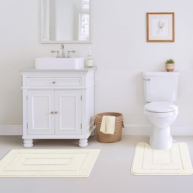 GRANNY SAYS Bathroom Rugs Sets 3 Piece, Soft Absorbent Microfiber Bath Mats for Bathroom Non Slip Washable, U-Shaped Toilet Bath Rugs for Tub Shower (Cream, 16" x 24" + 20" x 32" + U Shaped 20" x 24")