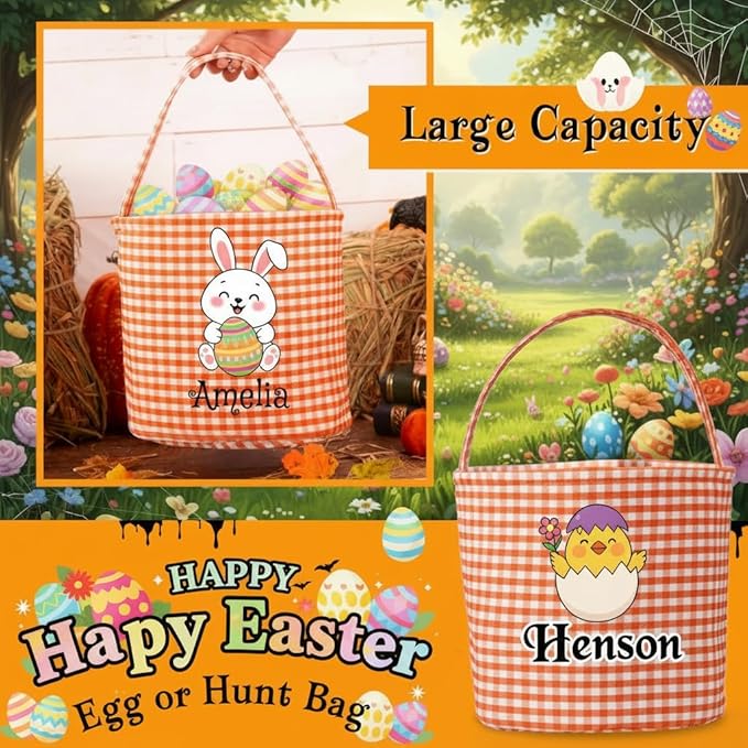 Personalized Easter Baskets for Kids Egg Basket Gingham Bunny Bucket Candy with Handle Tote Bucket Reusable Goody Baskets for Kids Gifts Bags