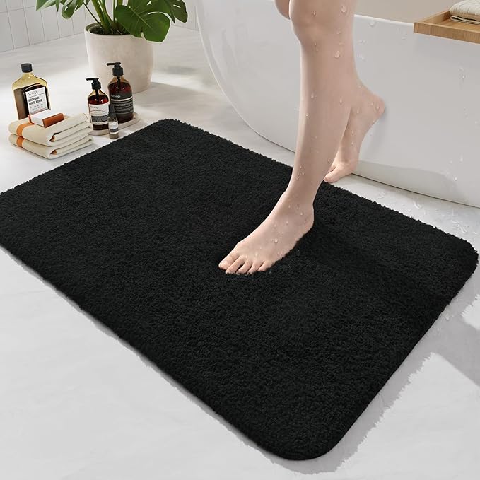 HOMORE Black Bathroom Rug Set 2 Piece,Soft Absorbent Bath Mats Set,Machine Washable Bath Rug Sets for Bathroom Non Slip,(21"x34"+21"x21") Plush Shaggy U Shape Contour Toilet