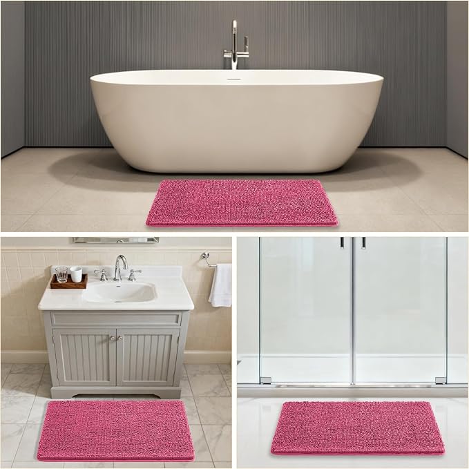Hot Pink Bathroom Rugs 24"x36" - Plush Chenille Non-Slip Bath Mat - Absorbent, Washable, Soft and Thick Decor for Shower, Sink, Tub, Home Accessories
