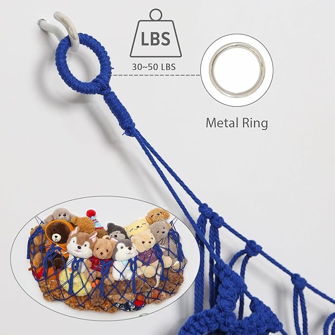 Stuffed Animal Net or Hammock Wall Macrame Toy Display Plush Toy Holder Ceiling Hanging Net for Stuffed Animal Storage (Blue, 49" W)