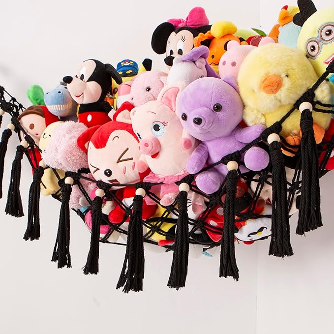 Stuffed Animal Toy Hammock Hanging- Macrame Toy Hammock with Tassels-Stuff Animals Organizer Storage Boho Large Corner Plush Toys Net Holder for Nursery, Play Room, Kids Bedroom (Black)