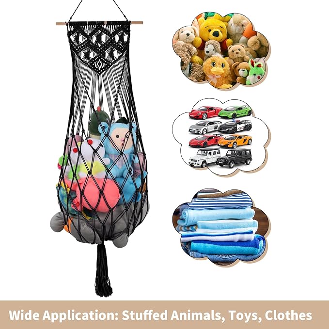 63'' Jumbo Stuffed Animal Storage Hammock Corner, Boho Macrame Stuffy Hammock for Wall Ceiling Over Door Hanging Toy Hammock, Black Plush Toy Net Holder w/ Star Lights for Kids Boys Girls Gift