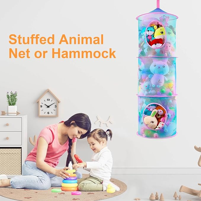 Basumee Stuffed Animals Net or Hammock 2 Pcs Stuffed Animals Storage Toy Net Hammock for Plushies Storage Organizer Mesh Kids Girls Room Decor, Blue Teal, 3 Tiers